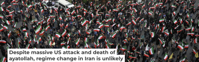 A group of demonstrators in Tehran wave Iranian flags in support of the government on Feb. 28, 2026. AP Photo/Vahid Salemi